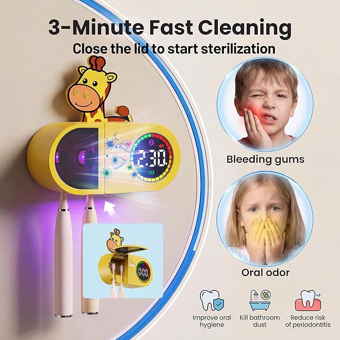 Toothbrush Holder & Toothbrush Cleaner, Kids Toothbrush Sanitizer Holder - 2 Toothbrush Capacity, Rechargeable Wall Mount Toothbrush Holder for Bathrooms