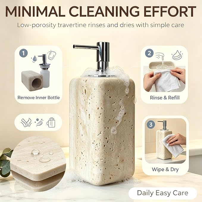 Travertine Soap Dispenser Bathroom Accessories, Natural Organic Premium Square Stone Lotion Dispenser with Metal Pump, Elegant Kitchen Hand Lotion Jar Soap Pump for Laundry Room Home Decor (Natural)