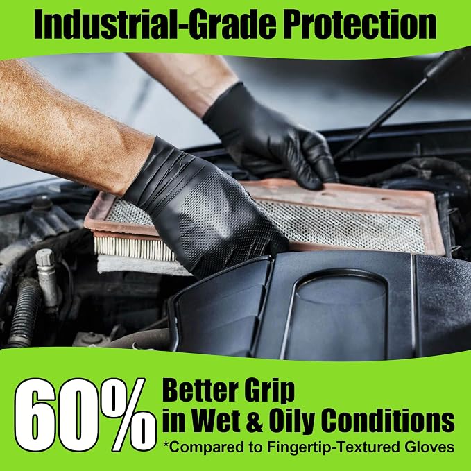 TREEGO 10 Mil Heavy Duty Black Nitrile Mechanic Gloves, 100 Count XL | Diamond Grip Rubber Gloves, Latex & Powder Free for Heavy Equipment, Auto Service, Chemical Handling & Shop Work