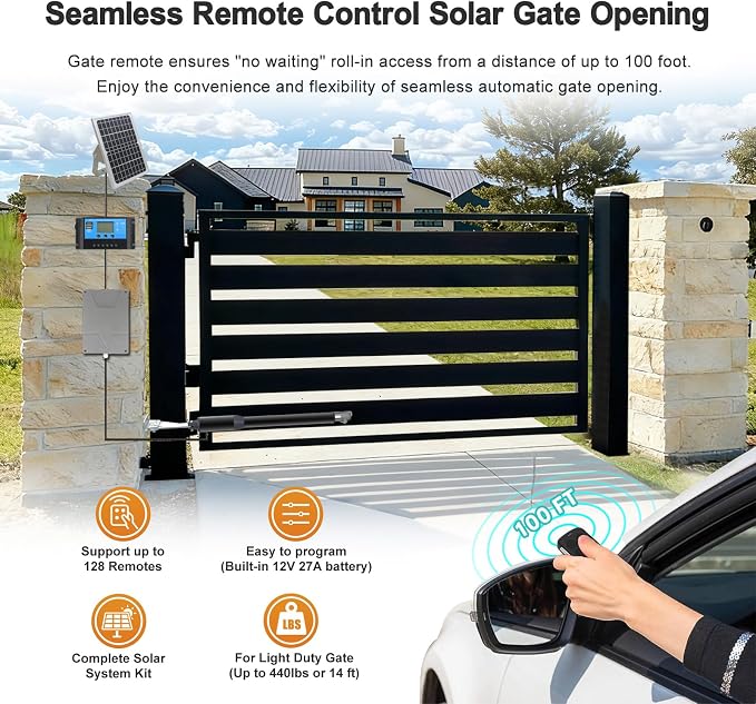 C01-L Solar Gate Opener Kit with Batteries & Solar Panel for Single Swing Gate Up to 14ft Long or 440lb, Automatic Gate Openers for Driveway Single Swing Gate with Long-Range Gate Opener Remote