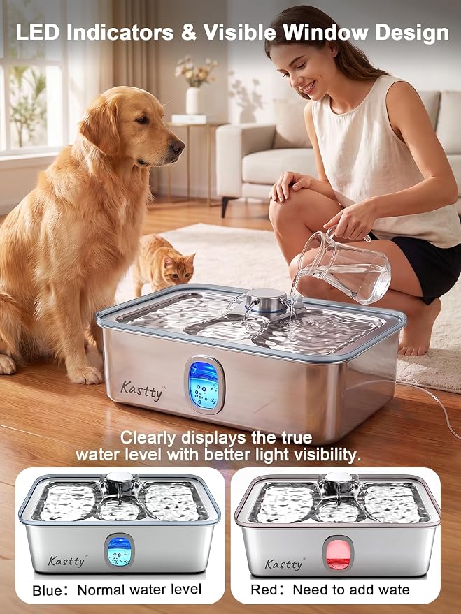 Kastty 17L/4.5Gal Large Dog Water Fountain Stainless Steel for Multi-Pet | Quiet Pet Water Fountain , Automatic Dog Water Bowl Dispenser with Visible Window & Alert Light, 5-Stage Filtration FS85