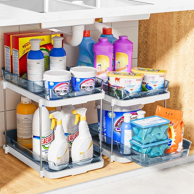 Delamu 2-Tier Multi-Purpose Bathroom Under Sink Organizers and Storage, Stackable Kitchen Pantry Organization, Pull Out Medicine Cabinet Organizer with Movable Dividers, Blue, 4 Pack