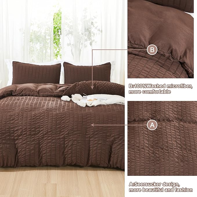 AveLom Seersucker Duvet Cover Set Queen Size (90 x 90 inches), 3 Pieces (1 Duvet Cover, 2 Pillow Cases), Brown Ultra Soft Washed Microfiber, Textured Duvet Cover with Zipper Closure, Corner Ties