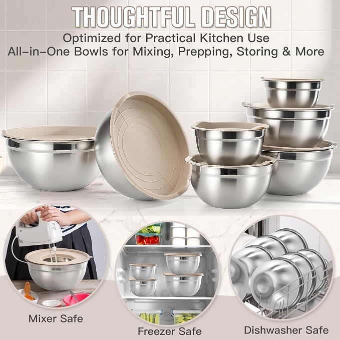 31PCS Mixing Bowls with Lids Set, 5.5QT to 0.6QT Stainless Steel Nesting Bowls with Graters, Large Khaki Bowls & 21 Measuring Cups and Spoons Set Kitchen Appliances for Mixing, Baking, Food Storage