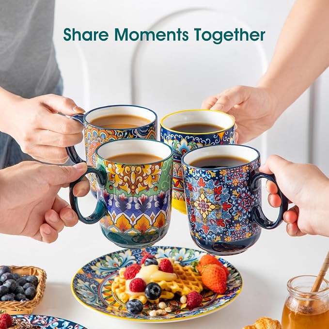 vancasso Simi Boho Coffee Mugs Set of 6, 14 oz Ceramic Mugs with Handle, Colorful Porcelain Cups Microwave Dishwasher Safe, for Latte Tea Cappuccino Cocoa Hot Chocolate