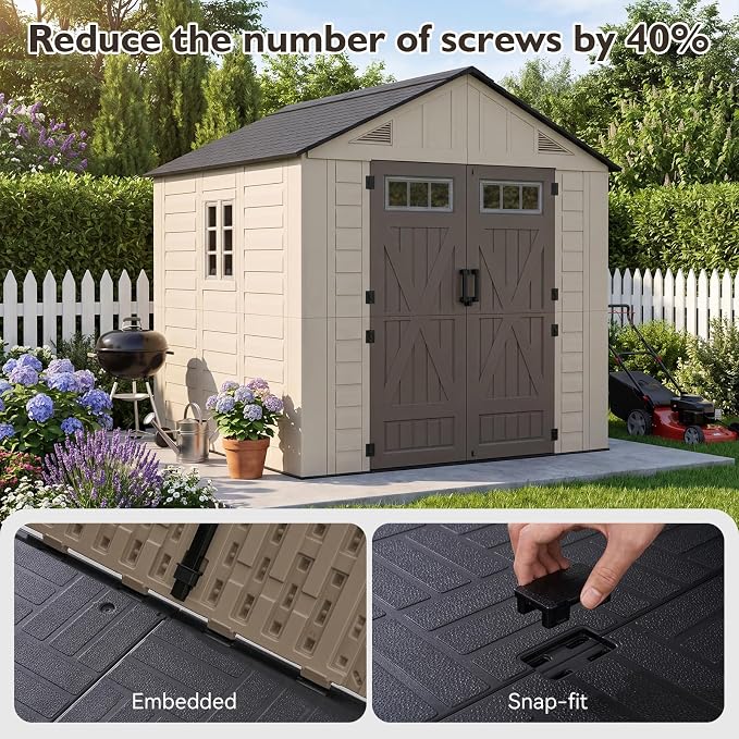 Aoxun 8x8 Ft Outdoor Storage Shed with Lighe & Floor, Large Resin Outdoor Shed with Lockable Door & Windows, Garden HDPE Sheds for Lawn Tools, Pool Supplies & Bikes