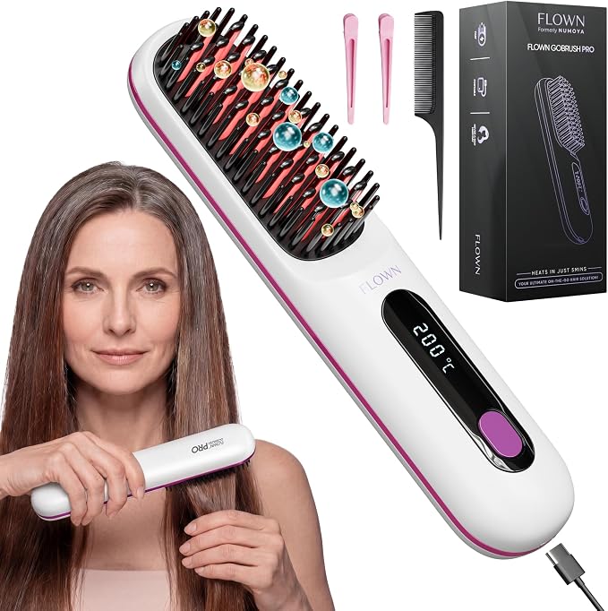 flown® Original Go Brush PRO [Five Minutes Hair Styling Routine] - No Damage Heat Brush with USB-C Charger - Electric Travel Pocket Brush for All Hair Types - White (Formerly Numoya)
