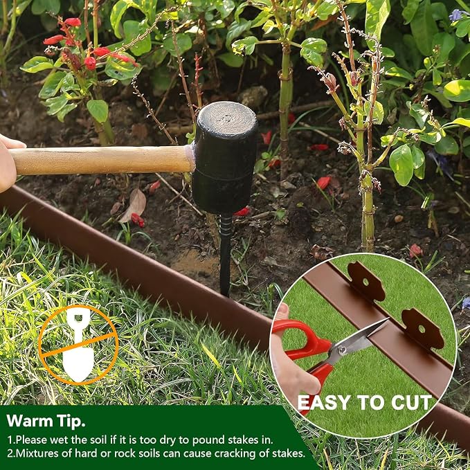 Garden Edging Border,40FT x 2In Tall Plastic Lawn Edging Kit with 36 Spikes | Plastic landscape edging, Flexible Landscaping Edging for Garden Flower Beds Yard Lawn Pathway Paver (Brown)