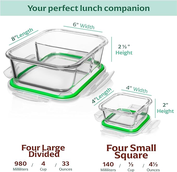 Glass Prep Containers - 8 Pack 2 Compartment 33 oz | High Borosilicate, 4 Large 980 ml, 4 Small 140 ml, BPA-Free Lids, Airtight Silicone Seal, Oven Safe 752 F, Dishwasher Safe