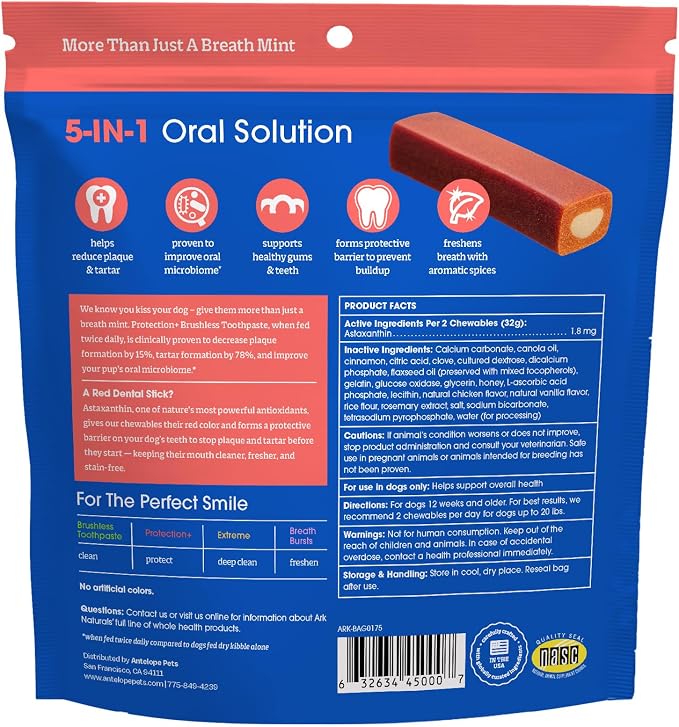 Ark Naturals Protection+ Brushless Toothpaste Chews - Small Breeds (20 ct) | Vet Formulated Dog Dental Chew with Toothpaste Center - Freshens Breath and Prevents Plaque & Tartar