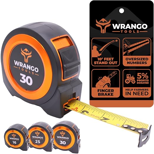 Wrango Tools 30 FT Tape Measure - Retractable Measuring Tape - Oversized & Double-Sided Print - Blade Lock, Finger Brake - High Performance Nylon Coating, 10' Stand-Out - 13' Reach / 1-1/16" Blade