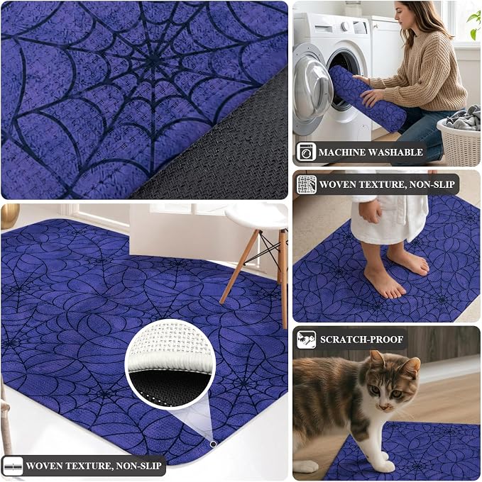 Hallway Runner Rug 31.5"x78.7",Navy Blue Halloween Absorbent Non Slip Indoor Outdoor Carpet,Black Spiders Net Classic Gingham Low Profile Runner Rugs for Corridor Kitchen Laundry Room Mudroom Entryway