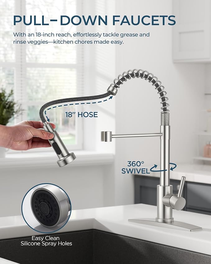 FORIOUS Kitchen Faucet with Pull Down Sprayer, Brushed Nickel Stainless Steel Single Handle Classic Spring Commercial Sink Faucet for RV Camper Bar Farmhouse Laundry