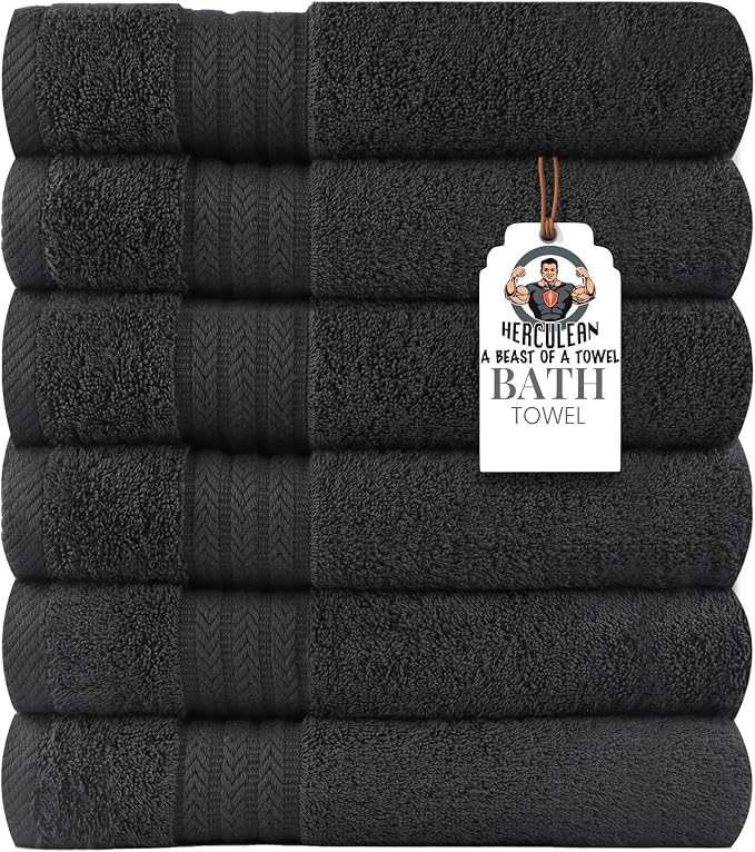 HERCULEAN Large Bath Towels 24 x 50 Pack of 6 | Quick Dry and Highly Absorbent | 100% Cotton Terry Towels for Bathroom - Perfect for Shower - Pool and Spa - Luxury Soft Towels - Charcoal Grey
