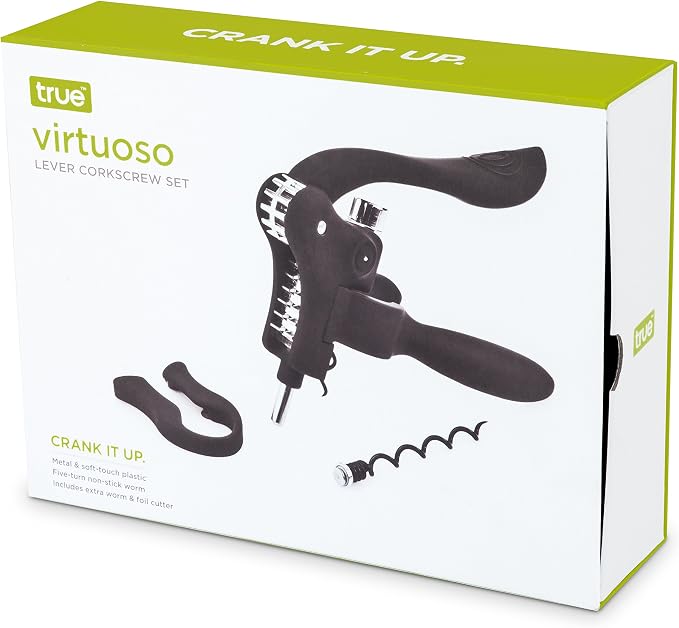 True Virtuoso Easy Lever Corkscrew Wine Opener Manual, Stainless Steel Corkscrew Wine Opener with Foil Cutter and Ergonomic Soft Touch Handle, Black