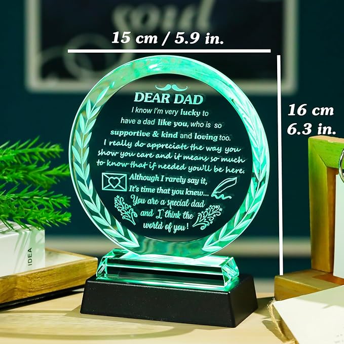 Arikyrist Fathers Day Dad Gifts from Daughter Son Crystal Dad Plaque with LED Light Base Presents for Dad's Birthday Christmas