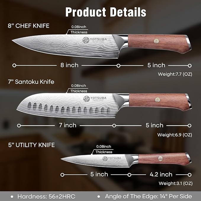 YOTSUBA 3 PCS Japanese Kitchen Knife Set, Razor Sharp High Carbon Stainless Steel Chef Knives with Ergonomic Natural Rosewood Handle, Premium Gift Box for Home & Restaurant Use