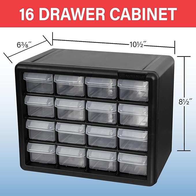 Akro-Mils 16-Drawer Plastic Storage Cabinet, 10.5"W x 6.5"D x 8.5"H, White | Plastic Cabinet w/ Drawers for Garage Organization, Beads, Makeup Organizer, Building Bricks Storage, Teacher Toolbox, 10116