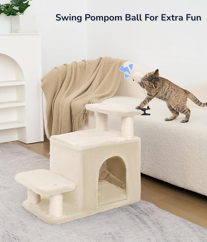 Happi N Pets Cat Stairs with Cat Scratching Post & Large Condo, Stable Pet Steps for High Beds Couch, 3 Combinations Ramp Tree Tower for Cats or Small Dogs, Removable Cushion & Bonus Toy, Beige
