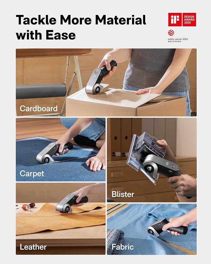 HOTO EdgeFlow Cordless Electric Scissors, Self-Sharpening Titanium Blade, Smart Display Electric Cardboard Cutter, Boost Mode & Tool-Free Blade Swap, Ideal for Cardboard, Fabric, Carpet, Leather DIY