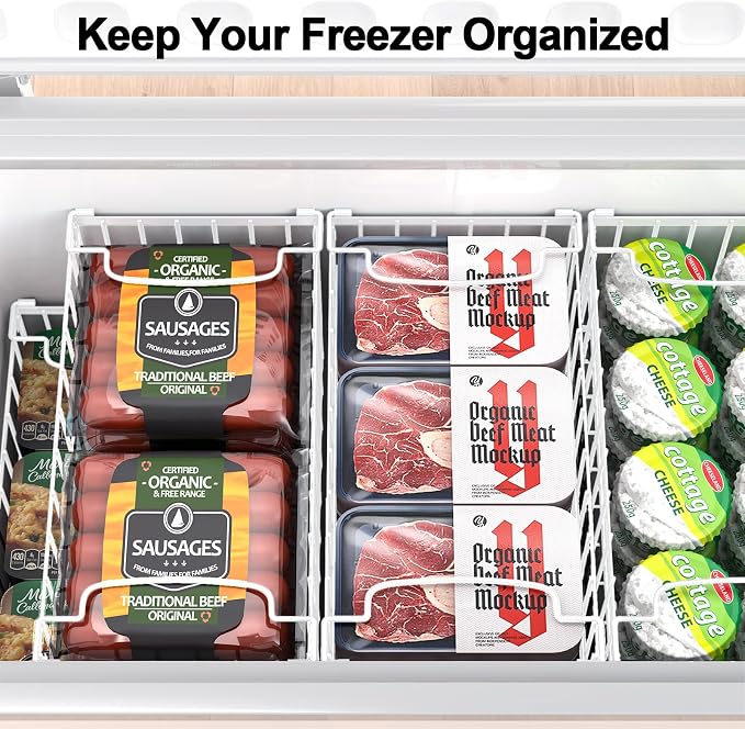 Freezer Organizer Bins, 4 Pack Big Baskets for 5/ 7 Cu.FT Deep Freezer | Stackable Chest Freezer Organizer Bins, Foldable Baskets with Handles, White Storage Container Baskets for Sort Frozen Meats