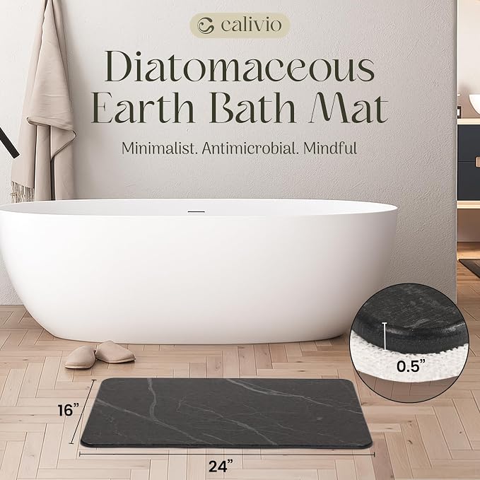 Quick Dry Shower Stone Bath Mat, Super Absorbent & Non-Slip 24 x 16 Inch Diatomaceous Earth Mat, Durable & Easy to Clean Diatomite Bath Mat for Bathroom Floor/Kitchen (Charcoal)