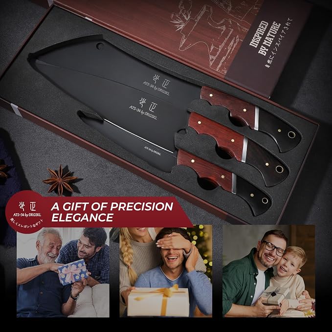 DRGSKL Japanese Chef Knife Set - 3PCS Kitchen Utility Knife Set for Cooking | Japanese ATS-34 Steel, Full Tang, Ergonomic Walnut Handle, Precision Cutting, Gift Box