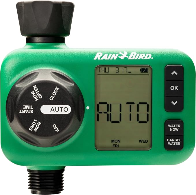 Rain Bird HET100 Electronic Digital Hose End Watering/Irrigation Timer, Battery Operated, 3/4" Garden Hose Thread, Heavy-Duty Brass Inlet, 1 Outlet/Port