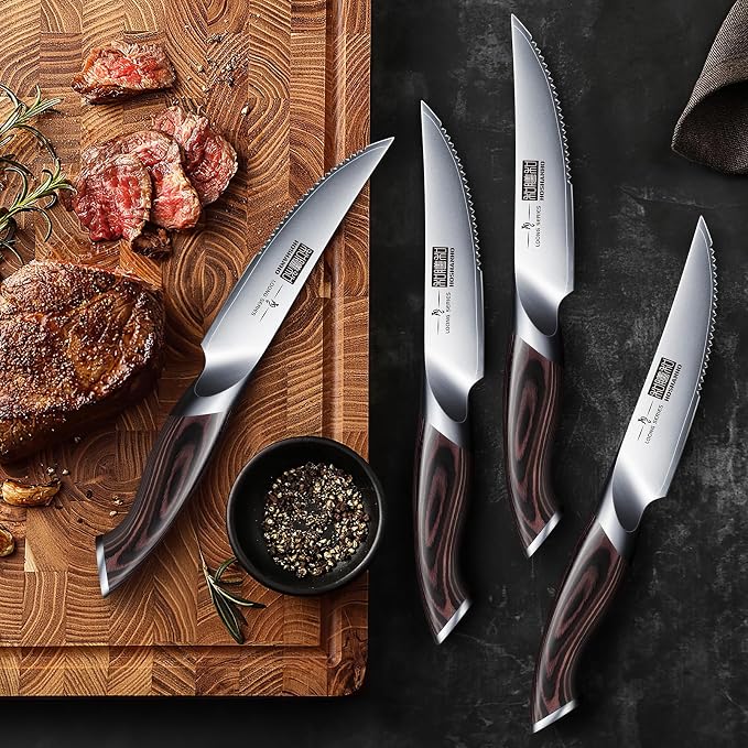 HOSHANHO Steak Knives Set of 6 with Block, 4.5 In Serrated Steak Knife Set | Multipurpose Japanese High Carbon Steel Kitchen Steak Knives with Ergonomic Handle, Ideal Gifts