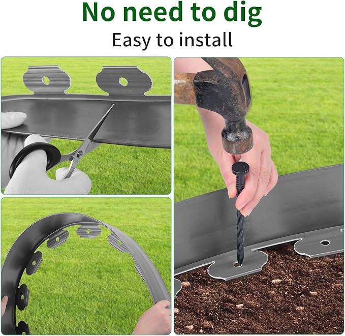 AggFencer Landscape Edging 4in Garden Edging Borders No Dig 33ft | Flexible Landscaping Edging Kit for Flower Bed Lawn Yard Grass Gray with 61 Pcs Spikes