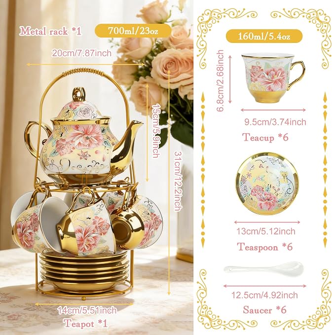 20 Pcs Porcelain Tea Set with Metal Holder and Spoon, European Ceramic Tea Set for Adults, European Flower Painting Teapot Cup Saucer Spoon Set for 6, Gift Pack (Pink and Gold)