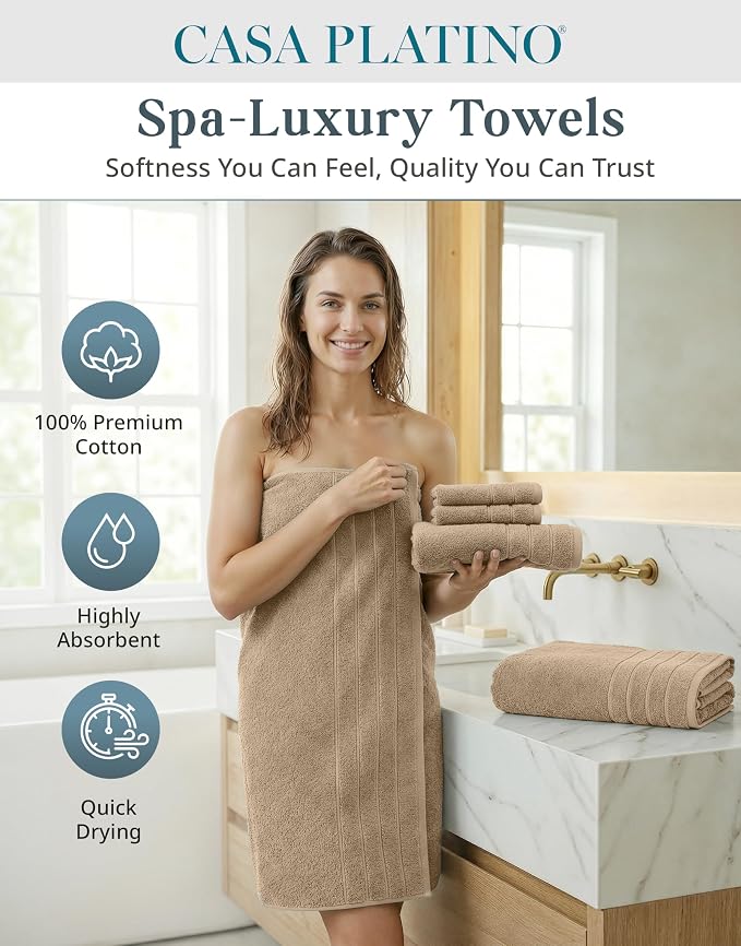 Casa Platino Large Bath Towel Set Absorbent Quick Dry 100% Cotton - Beige | Cotton Bath Towels - Fade-Resistant Color, Classic Terry Weave, Densely Woven, Coordinated Colors, Dobby Border Accent