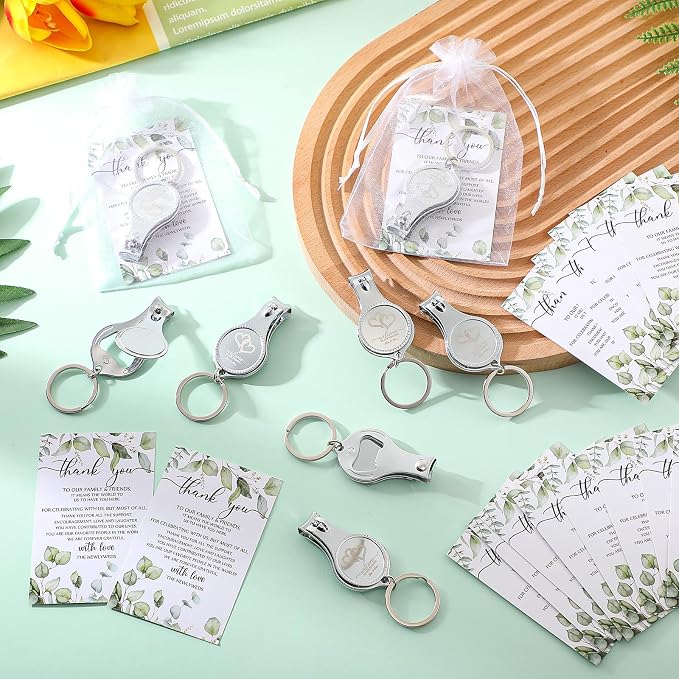 Fulmoon Wedding Multi Function Bottle Opener Nail Clipper Wedding Favors Brewery Cards White Organza Bags for Party Supplies Gift Souvenir Guests Men Women(25 Sets)