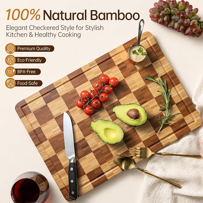 Bamboo Cutting Boards for Kitchen, End Grain Wood Cutting Board with Juice Grooves & Handles, Charcuterie Checkered Chopping Board Thick Butcher Block Serving Tray with Gift Box, 16.5"×11.6"× 1"