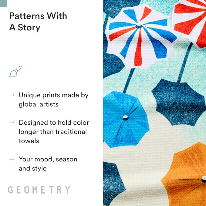 GEOMETRY Tea Towels – Spring & Summer Collection – Quick-Dry, Ultra-Absorbent, Reusable Microfiber Kitchen Towels for Drying & Cleaning - Dancing Umbrellas - 1 Pack