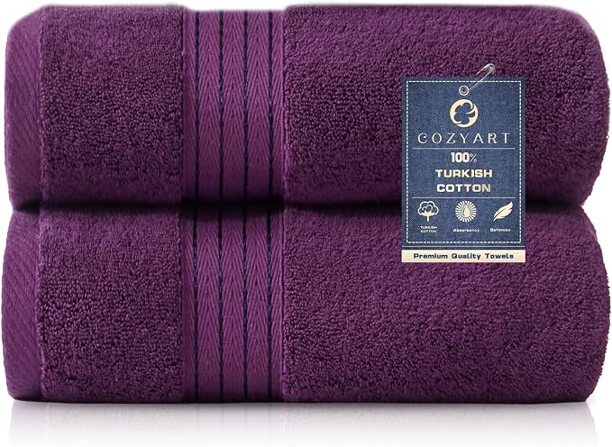 COZYART Luxury Bath Towels 2 PCS, Purple 100% Turkish Cotton 650 GSM | OEKO-Tex 100 Certified Zero Twist Ring Spun, Soft Absorbent Quick Dry, Plush Fluffy, Breathable Hotel Quality for Daily Use