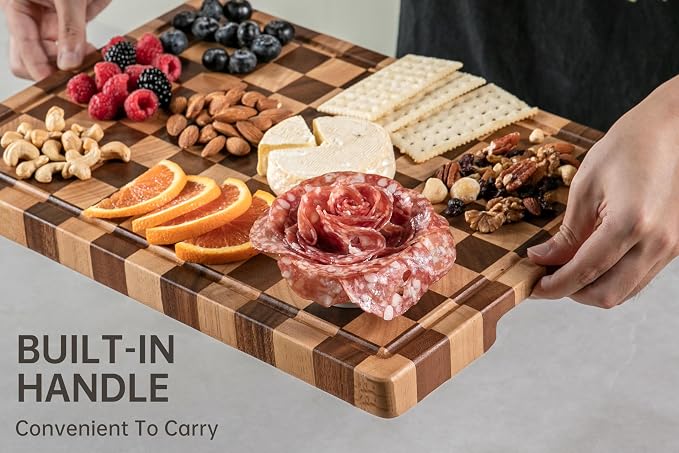 Cutting Boards for Kitchen, Checkered Wooden Cutting Board | 14"x11" Walnut End Grain Chopping Board with Juice Groove & Handle, Serving Tray for Prep Meat, Bread & Fruit