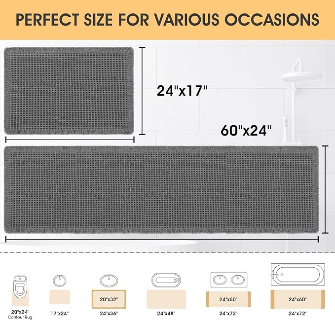 IM HOME Waffle Bath Mat Set 2 Piece Grey, Woven Modern Bath Rug Mats, Absorbent Non Slip Bath Floor Mat, Soft Washable Boho Bath Rugs with Tassels for Bathroom, Bedroom, Kitchen,Tub