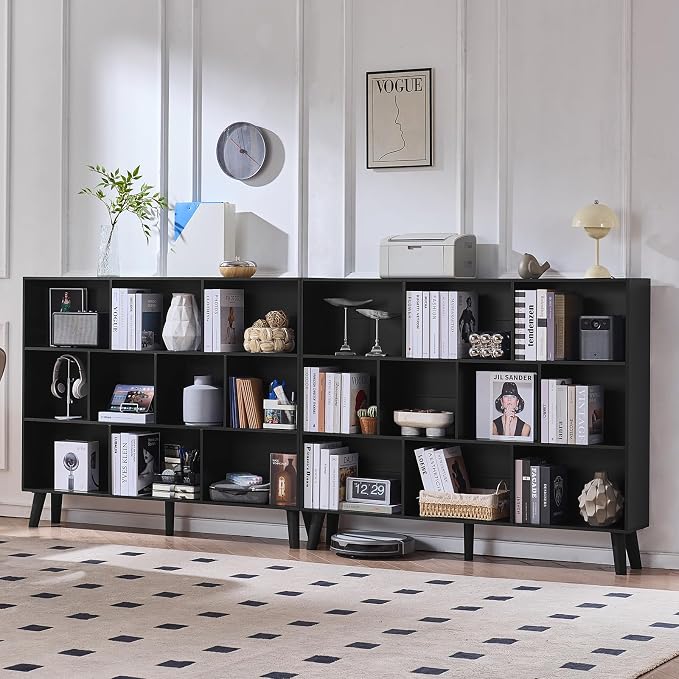 LEYAOYAO 10 Cube Bookshelf, Mid-Century Modern Book Shelf with Legs, Black | 3 Tier Bookcase, 55" Wide Rustic Wood Bookshelves Large Storage Organizer, Open Shelves for Bedroom, Living Room, Office