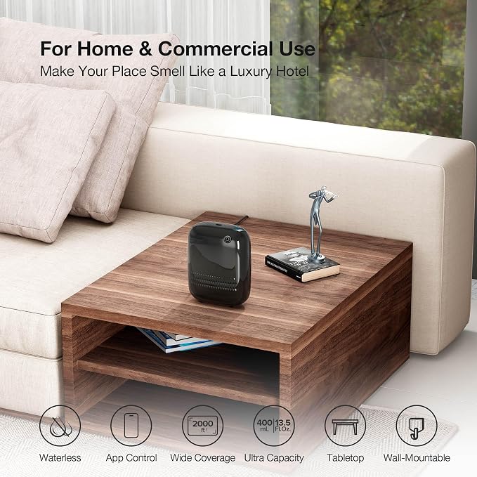 Smart Waterless Essential Oil Diffuser (400 mL Capacity) Hotel Scent Starter Kit with 200mL Fragrance Oil, Up to 2000 sq ft App Control Scent Air Machine with 12V1A Power Adapter, ANW Kit Black