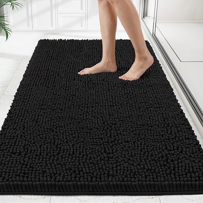 Bathroom Rugs Mat 48 x 36, Thick Soft Absorbent Chenille Bath Rugs, Rubber Backing Bath Mats for Bathroom Floor, Tub, Shower, Bedroom, Home Decor Accessories, Quick Dry Machine Washable, Black