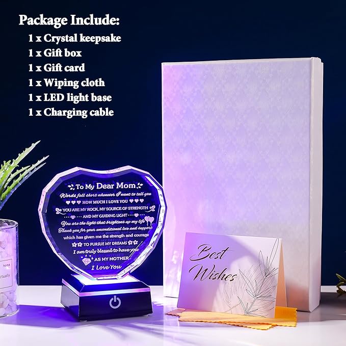 Arikyrist Gifts for Mom with Colorful LED Base Moms Birthday Gifts from Daughter Son to My Mom Gift Crystal Heart Keepsake Best Mother Presents Idea for Christmas Mother's Day Valentine