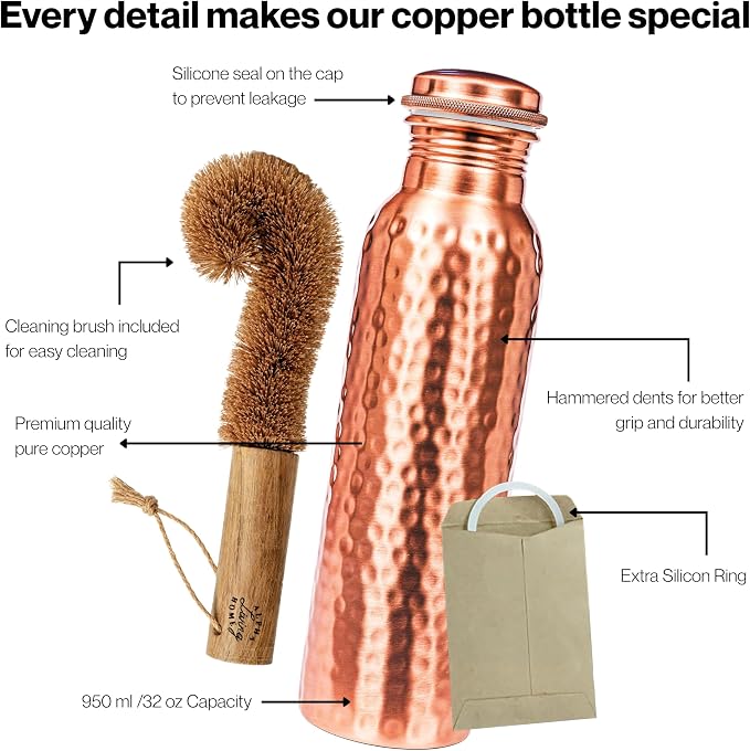 Alpha Living Home Copper Water Bottle 32 Oz Extra Large, Real Copper Water Bottle, Pure Drinking Bottle, Hammered Ayurvedic Bottle for Drinking Water, Leak Proof Vessel Cap with Cleaning Brush