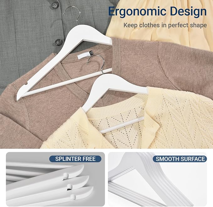 Amber Home 20 Pack White Wooden Coat Hangers, White Wood Suit Hangers with Non-Slip Pant Bar, Clothes Hangers for Closet Organization, Shirts, Jackets, Dresses, and Pants (White, 20)