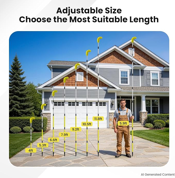 12 FT Gutter Cleaning Tools for Outdoor - Gutter Cleaner Pole with Shovel & Brush for Roof Rain Gutters, Cleans Leaves, Branches & Debris - No Ladder Needed (Yellow)