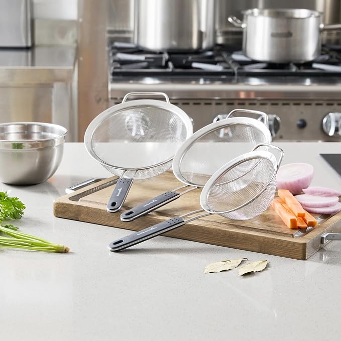 Restaurantware Fine Mesh Strainer Set of 3 Different Sizes with Silicone Handle Stainless Steel Extra Fine Mesh Strainer Heat-Resistant Handle Dishwasher-Safe for Rice, Quinoa, Pasta