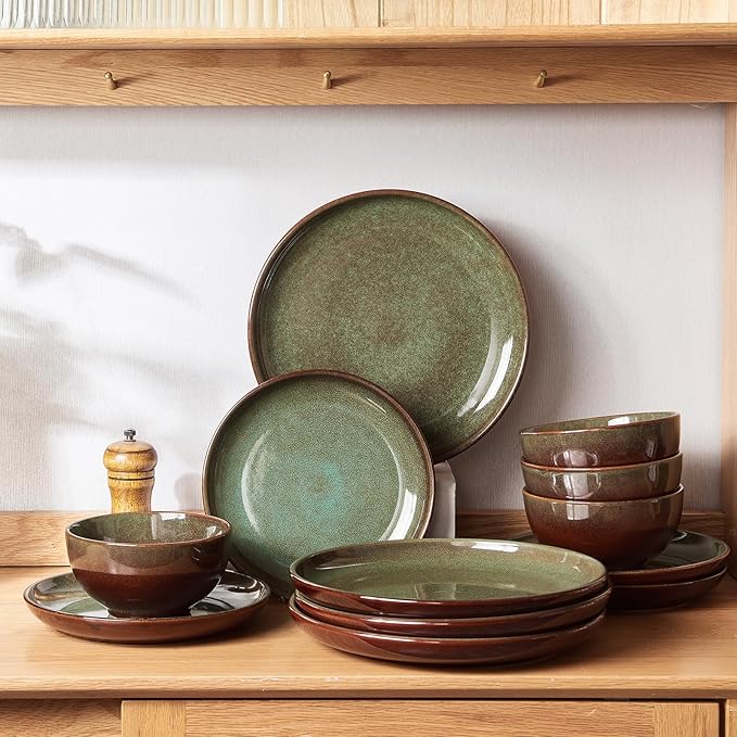 Pokini 32 Piece Double Bowl Dinnerware Sets with Pasta Bowls, Highly Chip and Crack Resistant Plates and Bowls Sets, Natural Earthyware Ceramic Dishware Sets, Service for 8 Brown Green