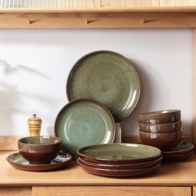 Pokini Stoneware Dinnerware Sets Service for 4, 12 pcs Reactive Glaze Plates and Bowls Sets, Handmade Ceramic Dish Set, Highly Chip and Crack Resistant Modern Plate Set, Brown Green