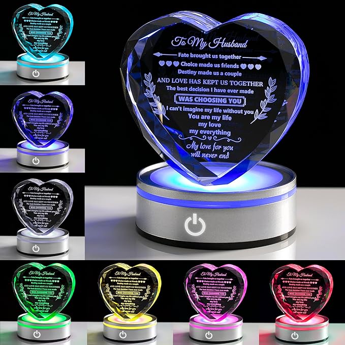 Gifts for Husband Crystal with Colorful LED Base, Cool Anniversary Birthday Gifts for Men, Husband Birthday Gifts from Wife, Crystal Keepsakes Romantic Gifts for Wedding Valentine's Day