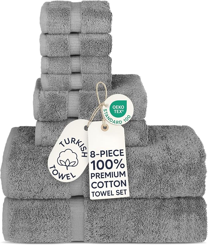 Chakir Turkish Linens Premium Cotton Absorbent Turkish Towels (8-Piece Towel Set, Gray)